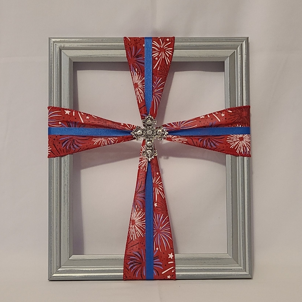 Frame Cross Art Firework 4th Of July Silver Cross Handmade